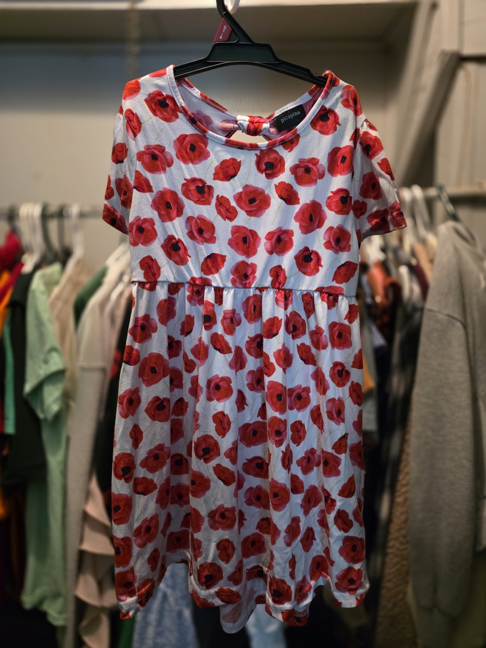 Girls Picapino White and Red Poppy Flower Dress with Keyhole Back